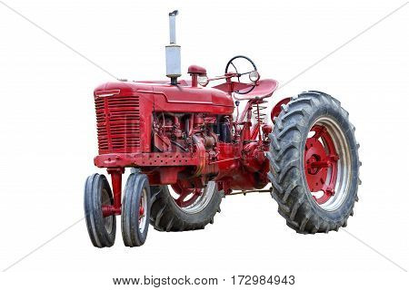 Old Red Work Tractor Isolated On White.
