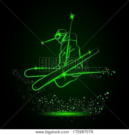 Skiing freestyle. Neon sports background. Vector illustration.