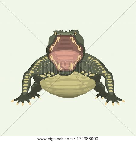Cartoon green crocodile danger predator and australian wildlife river reptile carnivore alligator with scales teeth flat vector illustration. Tropical africa safari zoo character crocodylus.