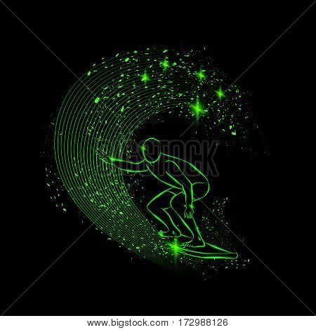Neon surfer under the wave. Water extreme sports background