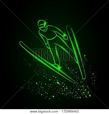 Ski Jumping. Vector neon illustration. Winter sports background