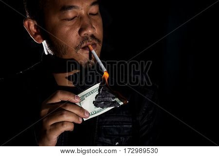 Gangster Mafia Killer Or Drug Dealer Using Dollar Banknote Dirty Money Received From The Illegal Bus