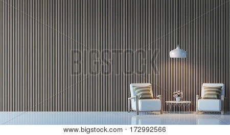 Modern living room interior 3d rendering image.  There are decorate wall with vertical wood pattern, white chair and lamp