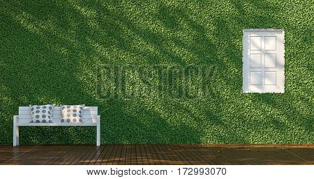 Green wall & White Chair 3D Rendering Image. Green Ivy Wall in the garden There is a wooden floorwhite windowswhite chairs Tree shadow across the wall