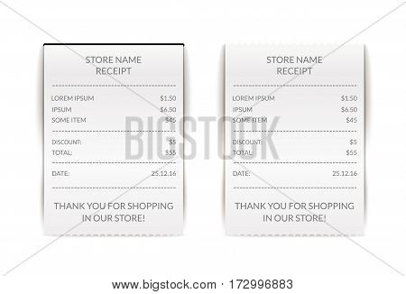 Vector paper atm check illustration. Financial receipt bill. Cafe or restaurant payment sign. Document list.