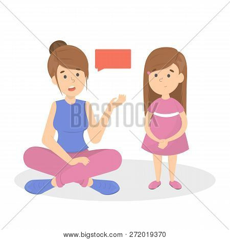 Mother Talk To A Little Child. Parent With A Kid