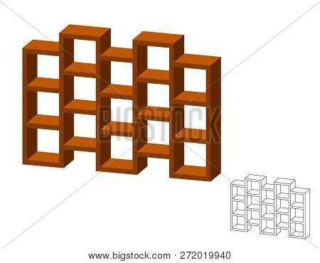 Empty Modern Bookcase. Isolated On White Background. 3d Vector Illustration. Dimetric Projection.