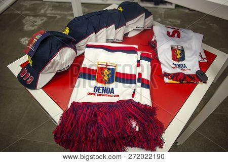 Genoa (genova), Italy, November 27, 2018 - Scarves And Caps Of Genoa 1893 Football Team On Sale In G