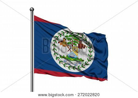Flag Of Belize Waving In The Wind, Isolated White Background. Belizean Flag.