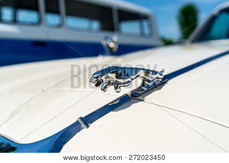 Paaren Im Glien, Germany - May 19, 2018: Hood Ornament Of A Sports Saloon Jaguar 420 (daimler Sovere