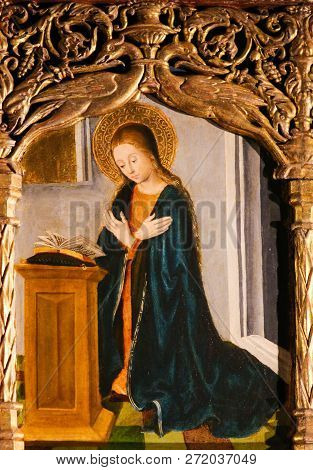 Monaco - November 13, 2018: Mother Mary In Prayer, On The Altarpiece Of St Nicolas (1500) In The Cat