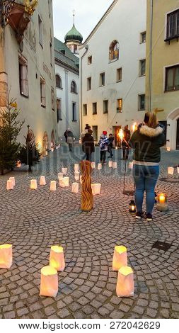 Rattenberg, Austria - December 1, 2018: The Medieval Town Rattenberg Is Bathed In The Glow Of Starli