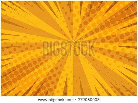 Abstract Orange Striped Retro Comic Background With Halftone Corners. Bright Yellow Texture With Str