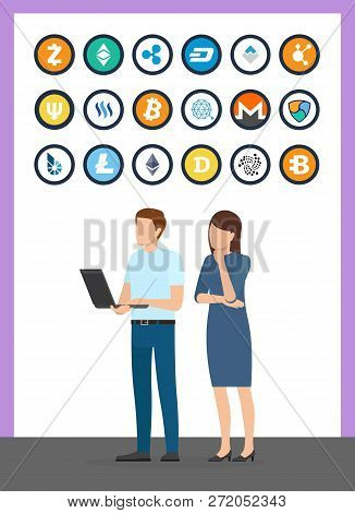 Bitcoin And Brainstorming People Working With Laptop Vector. Isolated Icons Of Cryptocurrencies, Dig