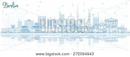 Outline Berlin Germany City Skyline with Blue Buildings and Reflections. Business Travel and Tourism Concept with Historic Architecture. Berlin Cityscape with Landmarks.