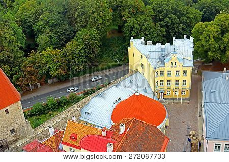 Breathtaking Aerial View Of Buildings Near The St. Olav's Church Bell Tower, Tallinn, Estonia