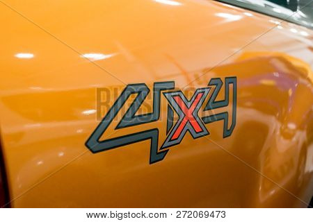 Kropivnitskiy, Ukraine  - 27 September, 2018: Close Up Four-wheel Drive 4x4 Sign On A New Orange For