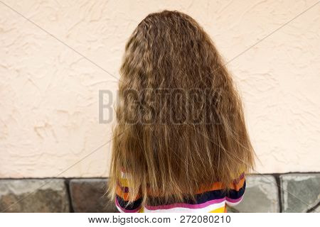 Back View Of Young Girl Head With Long Blond Fair Loose Curly Hair Outdoors On Sunny Summer White St