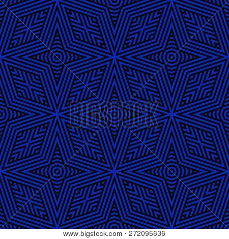 Vector Geometric Lines Seamless Pattern. Bright Abstract Background In Black And Electric Blue Color