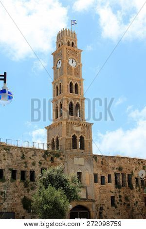 Acre, Israel - May 12, 2011: This Is The Clock Tower Above The 18th Century Coaching Inn Khan El-umd