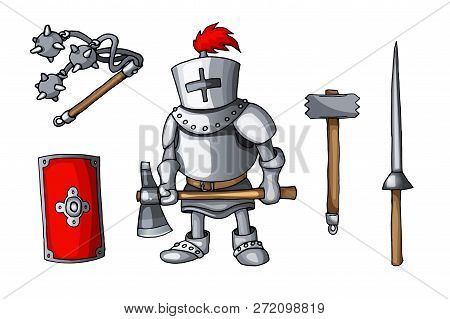 Hand Drawn Sticker Knights Colored Doodle Weapons Set Isolated On White
