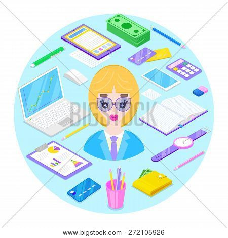 Blondy Businesswoman And Office Stationary On Blue Background.vector Illustration.