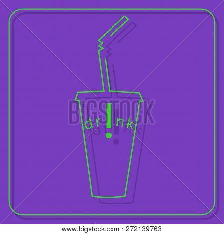 Icon For Cafe, Fast Food Cafe From Contours On Ultraviolet Background Glass With Drink