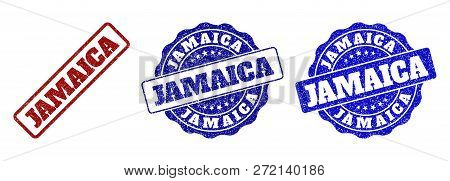 Jamaica Grunge Stamp Seals In Red And Blue Colors. Vector Jamaica Marks With Grunge Effect. Graphic 