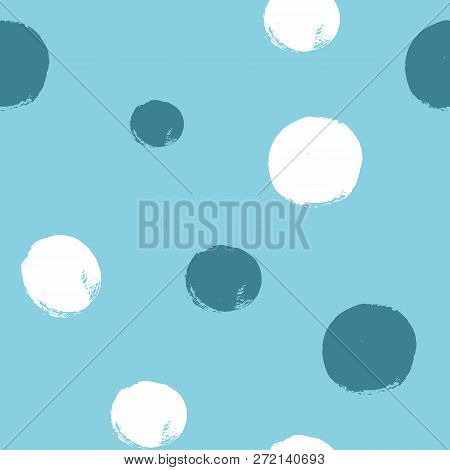Hand Drawn Pastel Blue Seamles Pattern With Textured Circles. Uneven Polka Dot Design, Vector Illust