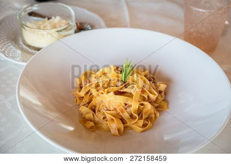 Dish Of Ragout Tagliatelle Handmade In A Restauarnt, Italian Food