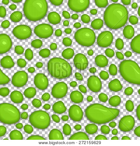 Green Drops Of Toy Slime Isolated On Transparent Background. Seamless Pattern Of Lime Dribble Slime.