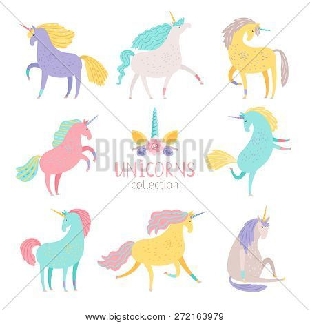 Fairytale Unicorn Set. Rainbow Color Girlish Pony Unicorns Isolated On White Background Vector Illus