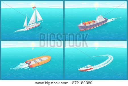 Water Transport Sailing Boat, Rowing Wooden Ship, Variety Of Transportation Means Vector. Traveling 