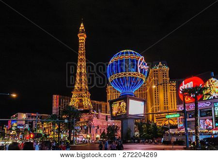 Las Vegas, Nv. August, 03 2017. Night Shot Of At Little Paris, Including The Bellagio And The Eiffel