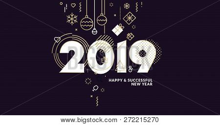 Business Happy New Year 2019 Greeting Card. Vector Illustration Concept For Background, Greeting Car