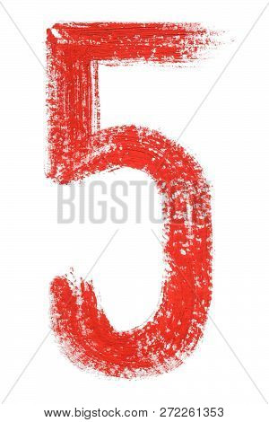 5 - Hand Painted Red Watercolor Numbers. Isolated On White Background