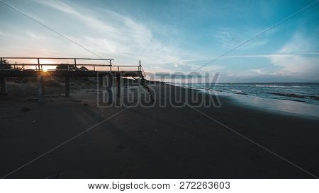 Sunset Over River Under Bridge, Natural Landscape Background
