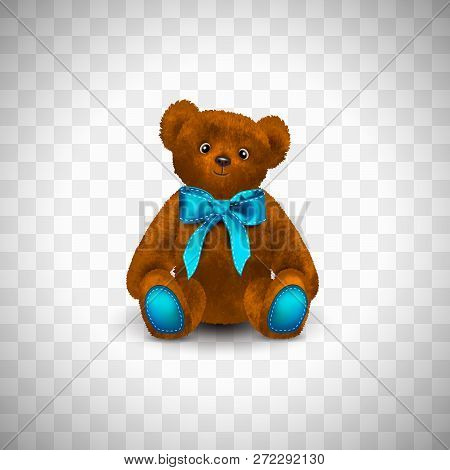 Sitting Fluffy Cute Red Brown Or Rufous Teddy Bear With Bright Blue Ribbon Or Bow. Childrens Toy Iso