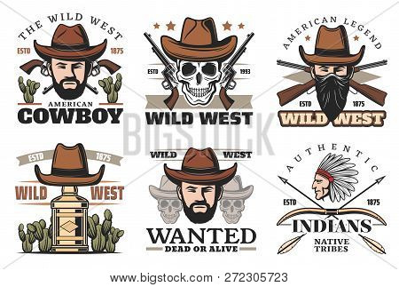 Wild West Or Western Icons With Cowboy In Hat And Gun. Revolver Or Pistol And Skull, Man In Bandana 
