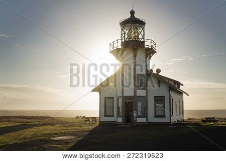 Point Cabrillo Light Station At Sunset In Mendocino, California.