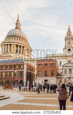 London. November 2018. A View Of St Pauls Cathedral From Paternoster Square In London