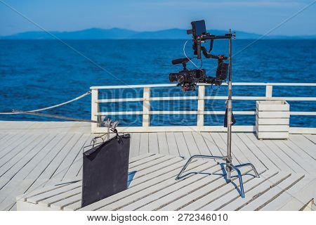 Profeccional Cinema Camera On A 3-axis Camera Stabilizer System On A Commercial Production Set