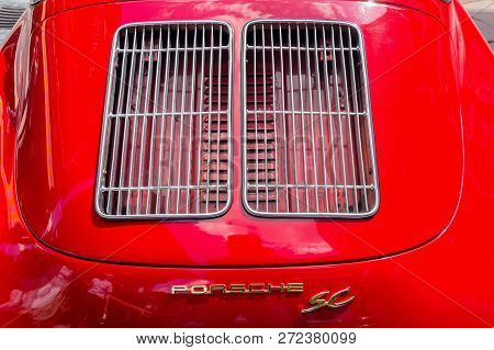 Saalbach-hinterglemm, Austria - June 21 2018: Red Porsche 356 Oldsmobile Vintage Veteran Car Detail