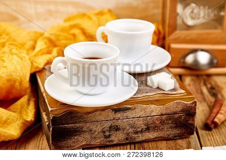 Two Cups Of Coffee Espresso Near Sugar Cube