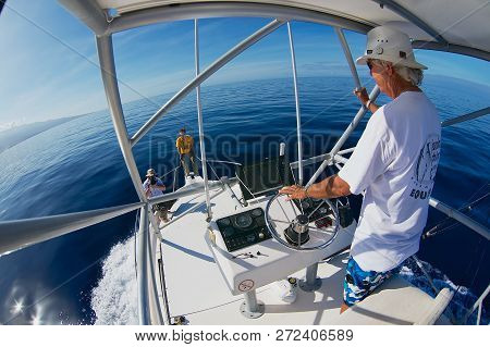 Saint-denis, Reunion - December 08, 2010: Unidentified Man Rides Charter Fishing Boat At The Indian 