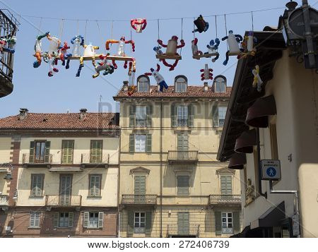 Saluzzo, Cuneo, Piedmont, Italy: Historic Buildings Along An Old Typical Street