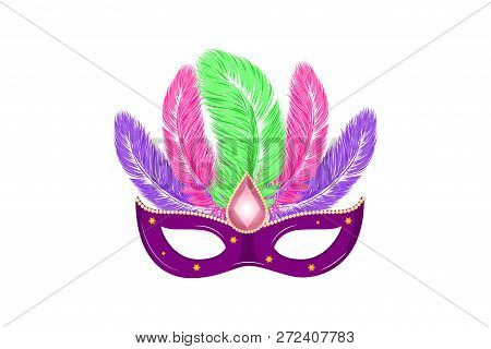 Vector Hand Drawn Carnival Mask With Feathers For Brasil Carnaval, Mardi Gras, Spain Or Venice Carni