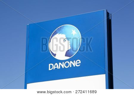 Limonest, France - September 8, 2018: Danone Logo On A Panel. Danone Is A French Multinational Food-