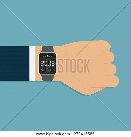 Smartwatch On The Hand Of Businessman. Fitness App Icon. Man With Smartwatch Isolated. Vector Stock.