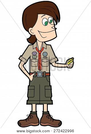Illustration Cartoon Young Man Scout Leader Holding A Compass